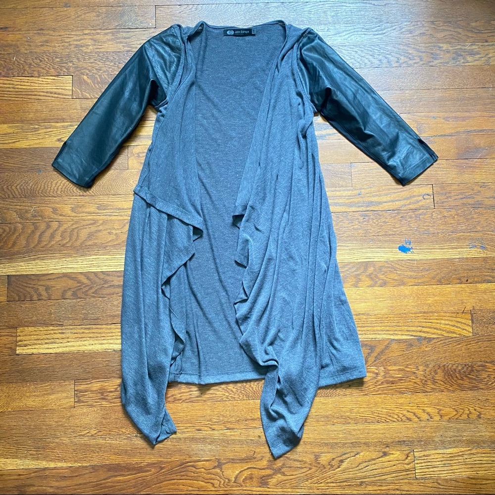 John Eshaya open front long line cardigan with 3/4 lengh leather sleeves